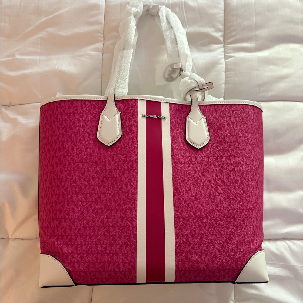 Michael Kors Large Fuchsia and White Tote Bag